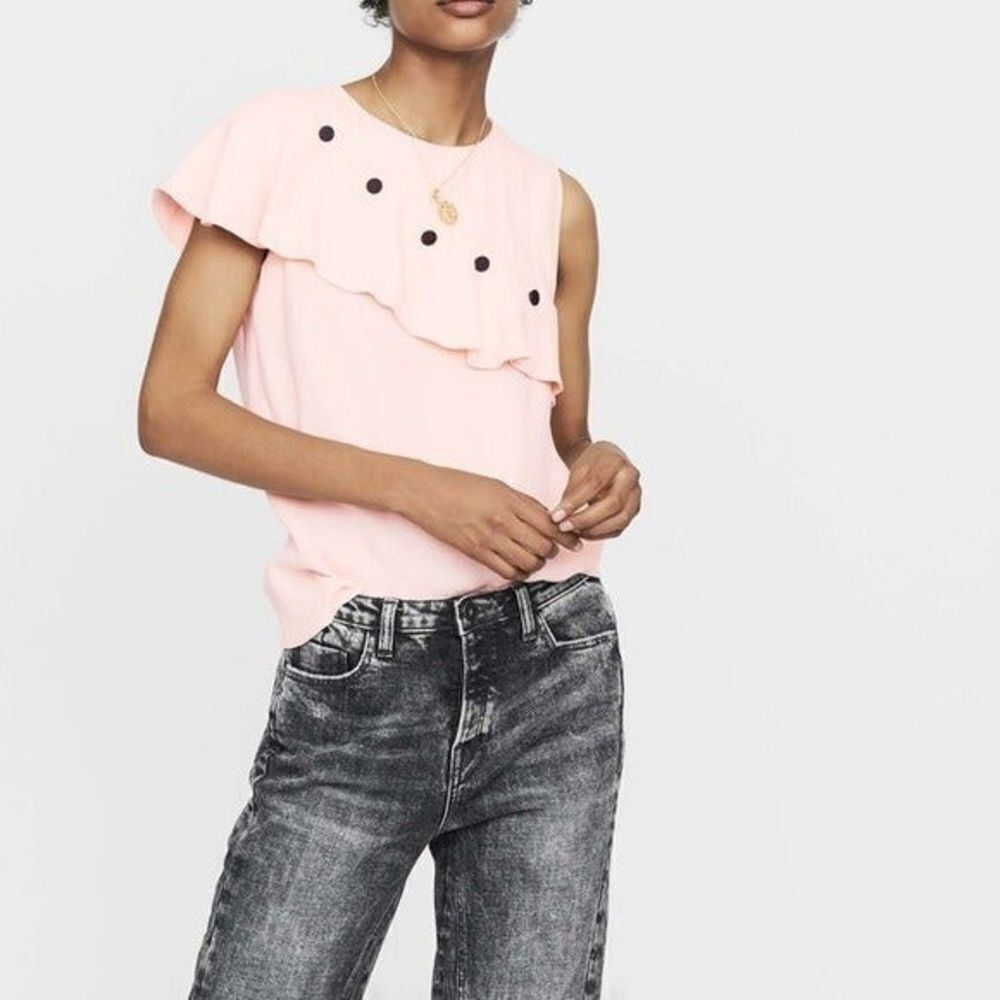 Maje Soft Pink Ruffle One-Shoulder Blouse with Black Button Accents